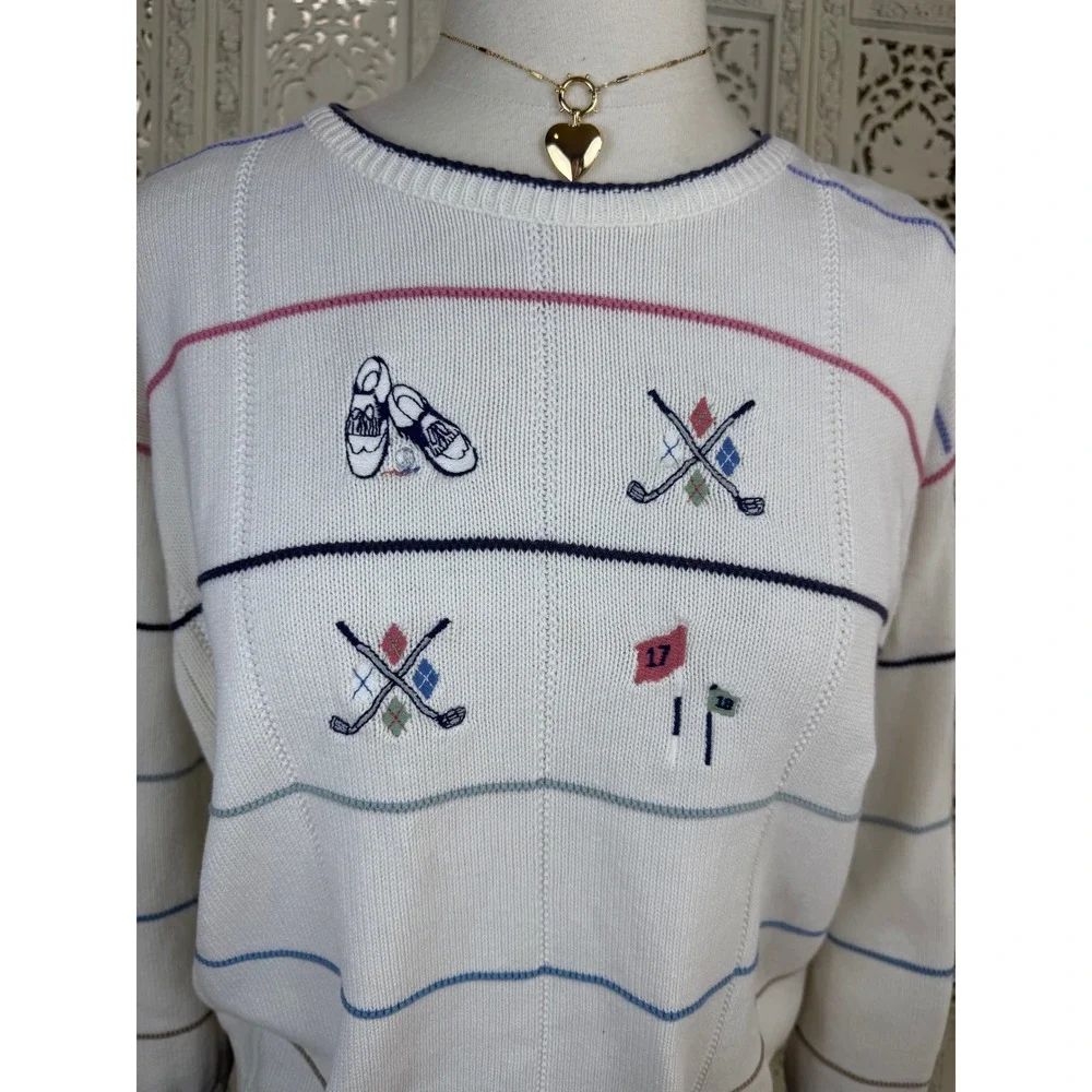 Vtg Isle Of Cotton Crewneck Golf Sweater Sz‎ S Preppy Twee Checkered 90's Sporty